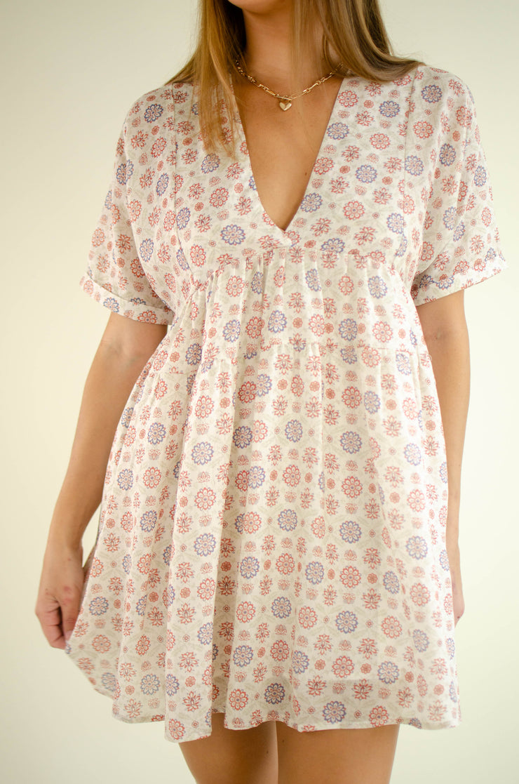 Bea Linen Print Mini Dress Oatmeal