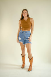 Tia High Neck Crop Tank Camel