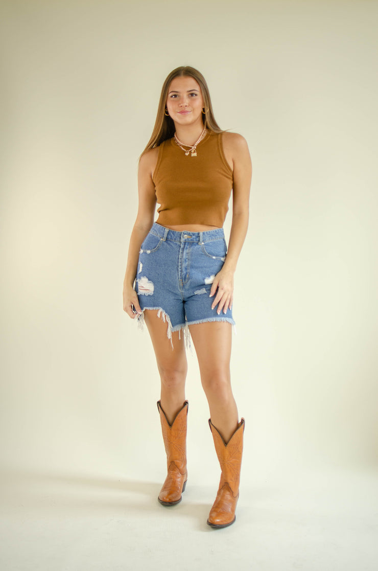 Tia High Neck Crop Tank Camel