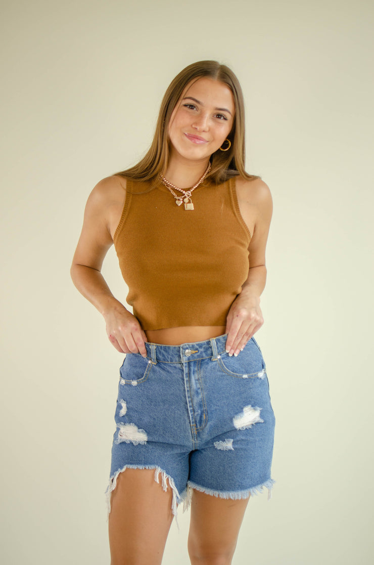 Tia High Neck Crop Tank Camel