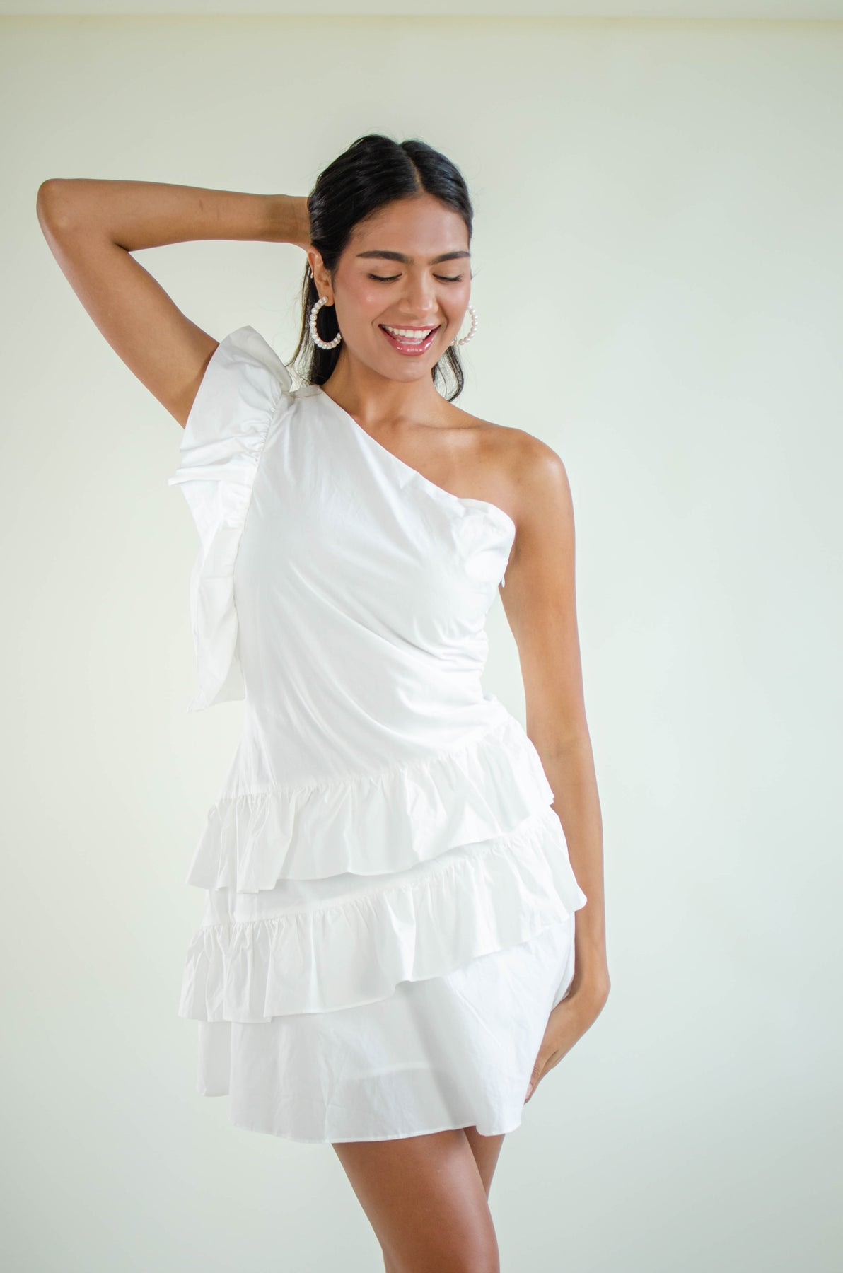 Shop the Sorority One-Shoulder Ruffle Trim Dress White