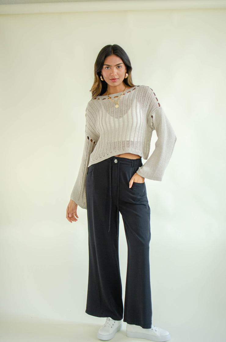 Brit Drawstring Wide Leg Pants Black