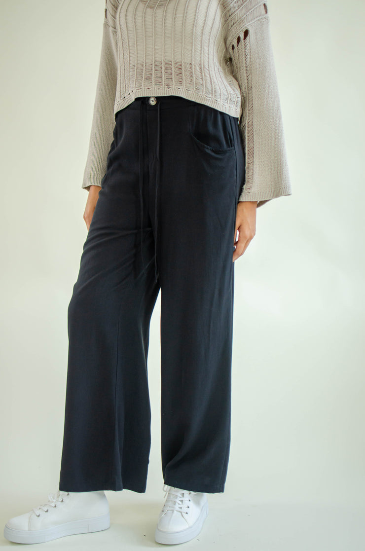 Brit Drawstring Wide Leg Pants Black