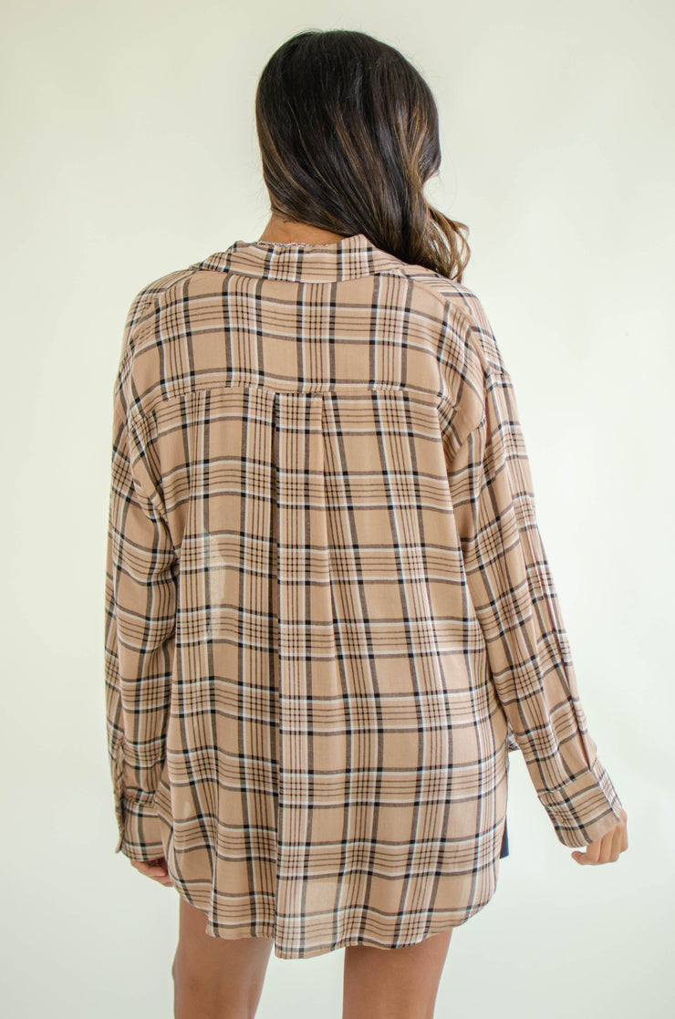 Mary Button Up Plaid Top Khaki
