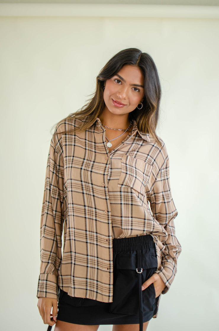 Mary Button Up Plaid Top Khaki