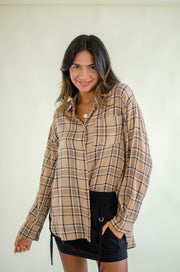 Mary Button Up Plaid Top Khaki