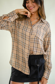 Mary Button Up Plaid Top Khaki
