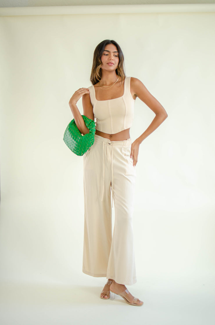 Brit Drawstring Wide Leg Pants Cream