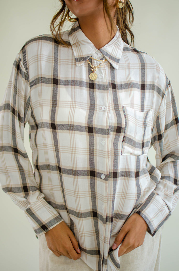 Mary Button Up Plaid Top White