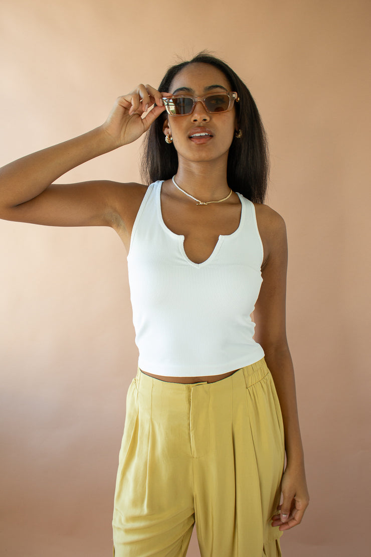 Cecily Ribbed Notch Crop Top White