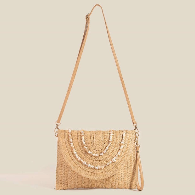 Shell Beaded Woven Envelope Clutch Purse