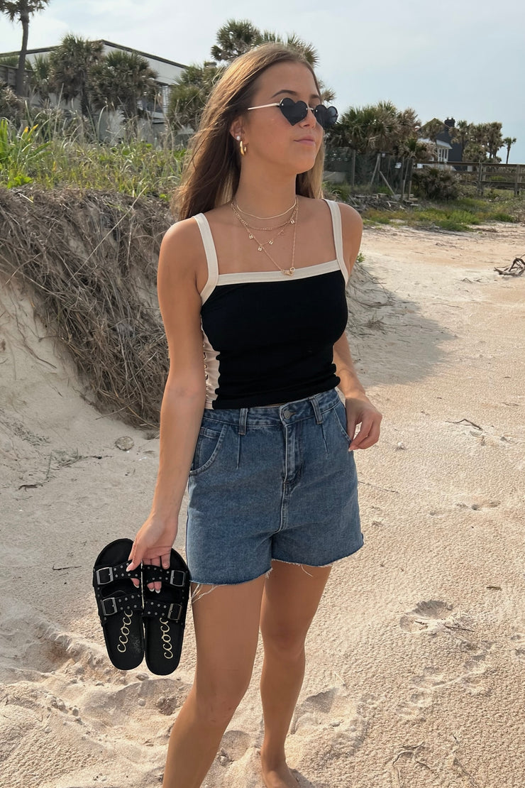 Black tank top with white side panel, black and white color block tank top, square neck tank top, spring basics, 90's tank top.