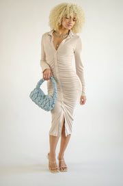 Go Beyond Ruched Midi Dress Beige