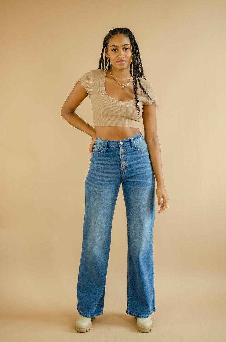 Rowe Button Wide Leg Jeans Med Wash