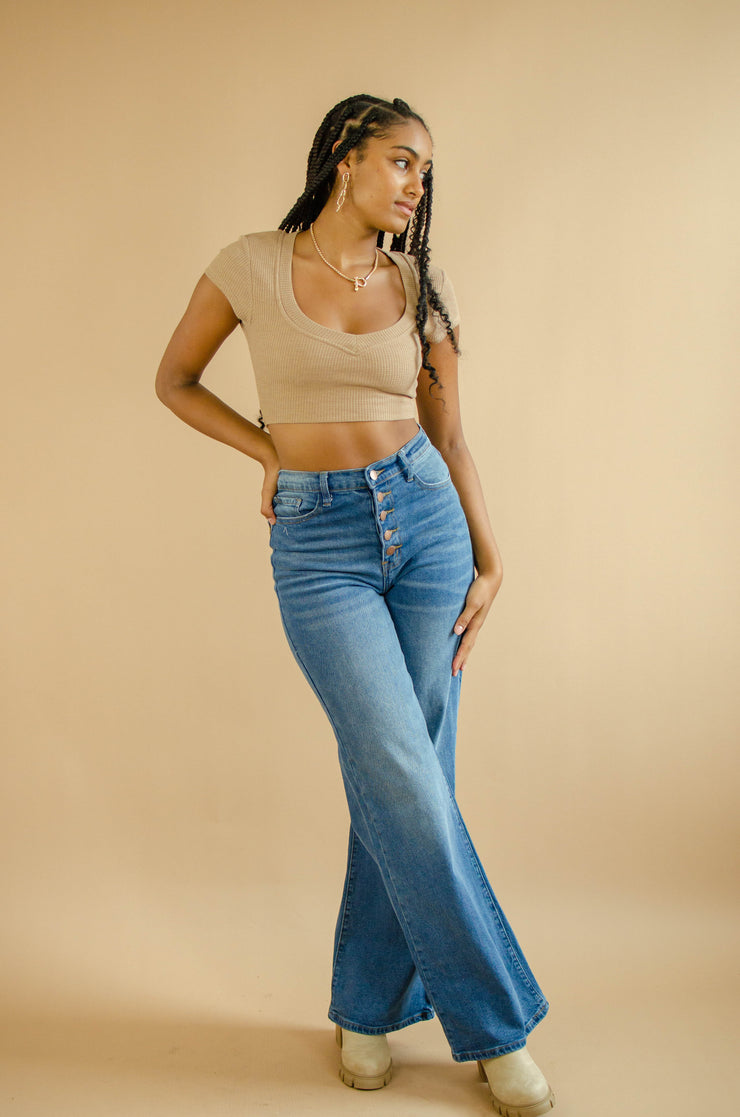 Rowe Button Wide Leg Jeans Med Wash