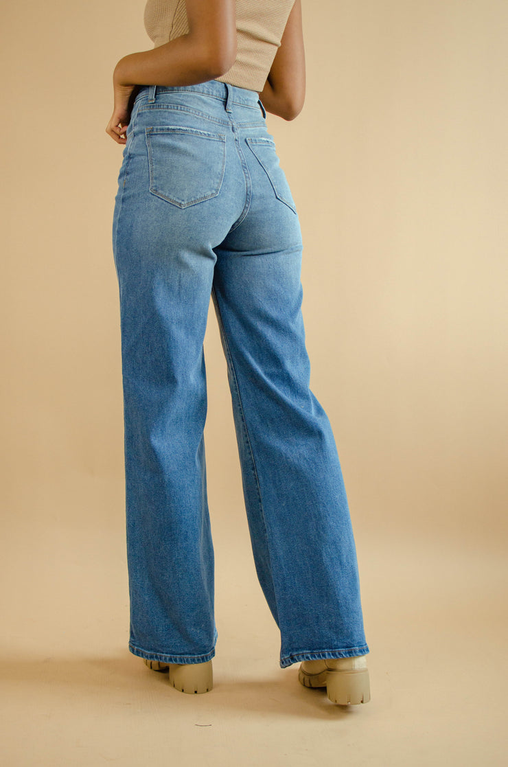 Rowe Button Wide Leg Jeans Med Wash