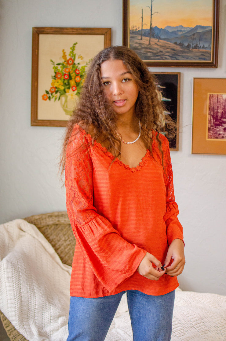 Hattie Lace Sleeve Top Rust