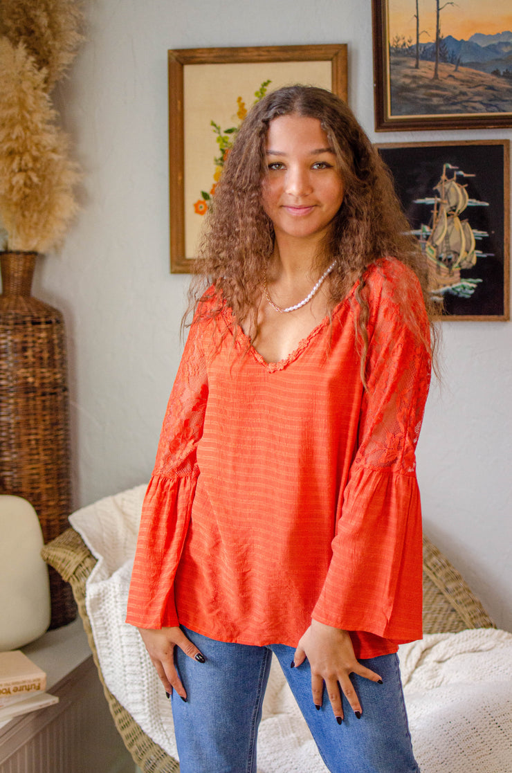 Hattie Lace Sleeve Top Rust