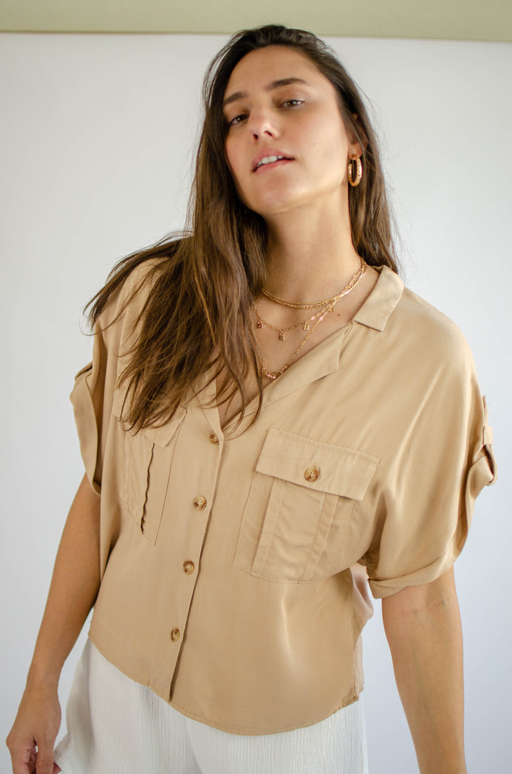 Harlow Button Up Top Taupe