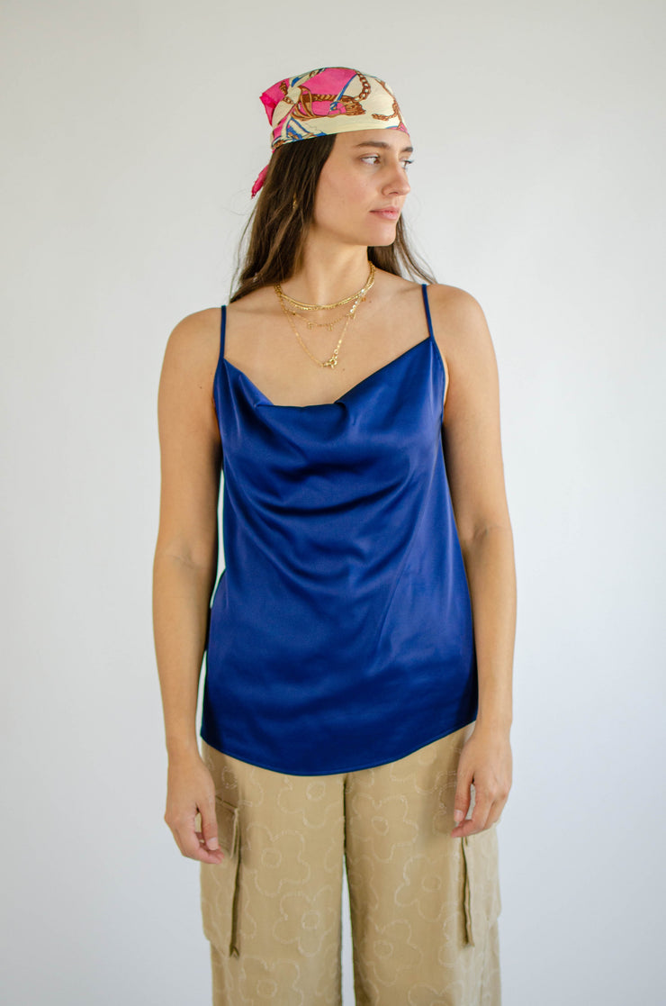 Jenn Satin Cowl Neck Tank Navy