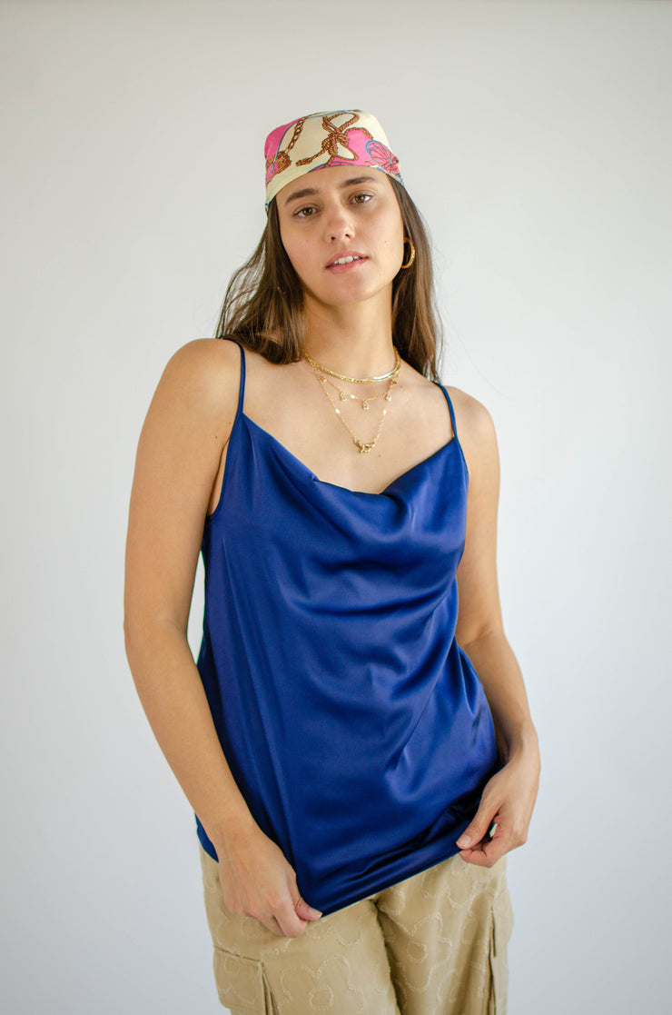 Jenn Satin Cowl Neck Tank Navy