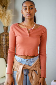 Cody Ribbed Henley Top Rust