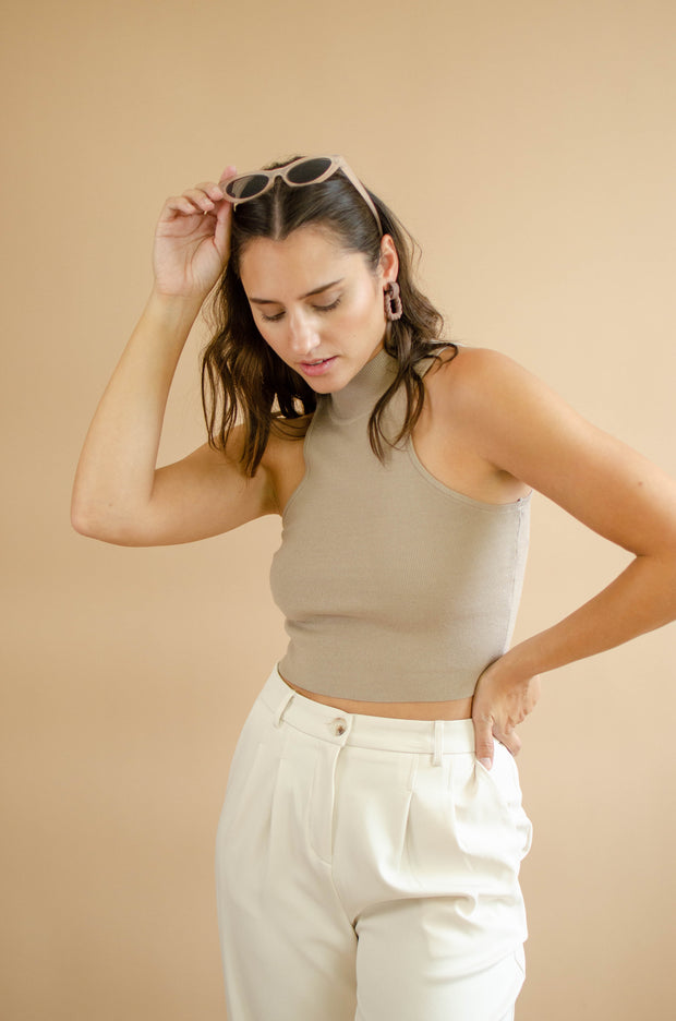 Lydia Fitted Crop Knit Top Taupe