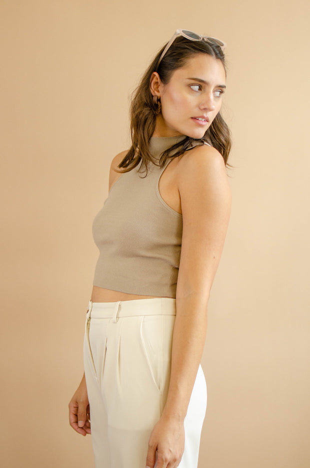 Lydia Fitted Crop Knit Top Taupe