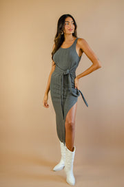 Kya Tie-Front Midi Knit Dress Charcoal