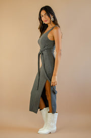 Kya Tie-Front Midi Knit Dress Charcoal