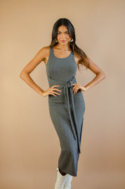 Kya Tie-Front Midi Knit Dress Charcoal