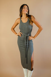 Kya Tie-Front Midi Knit Dress Charcoal