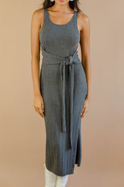 Kya Tie-Front Midi Knit Dress Charcoal
