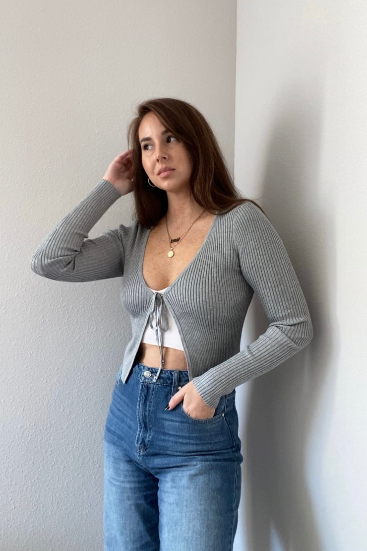 Nova Ribbed Tie Front Top Grey